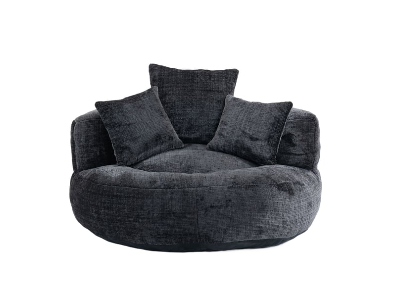 Fauteuil pouf en tissu noir 108 x 108 cm, dossier haut enveloppant et 3 coussins pour se détendre à la maison - Conforama A