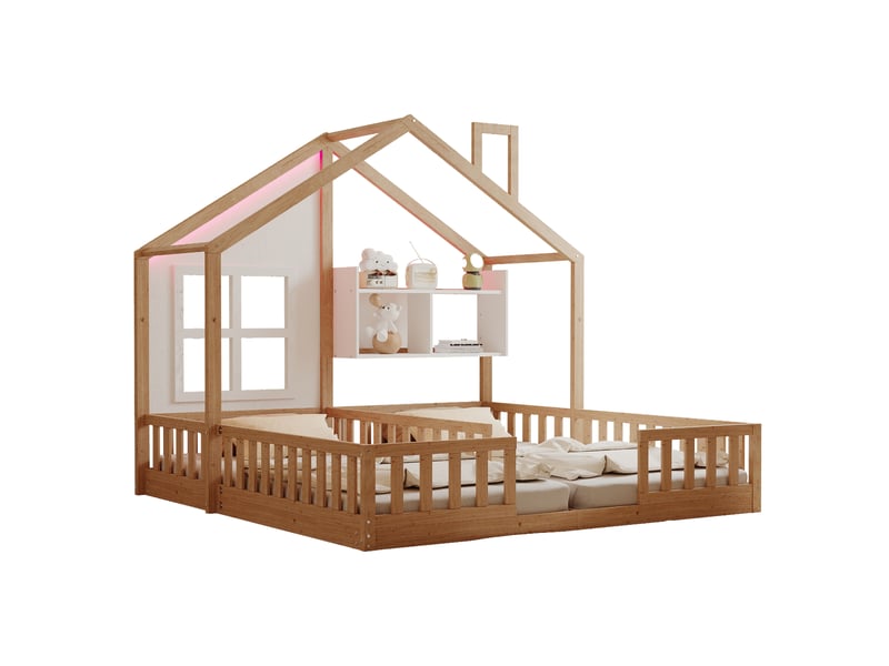  Lit cabane double enfant 90 x 200 cm x2, lit maison en bois naturel avec fenêtres, cheminée, led, étagère, barrières et sommiers à lattes  - Conforama A