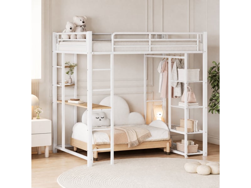  Lit mezzanine double 200×140 cm avec bureau, penderie et étagères, sans matelas, en métal blanc  - Conforama B