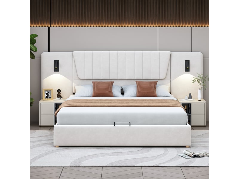  Lit coffre 180x200 cm - lit double avec lampe de lecture et port usb, sans matelas, en velours beige  - Conforama E