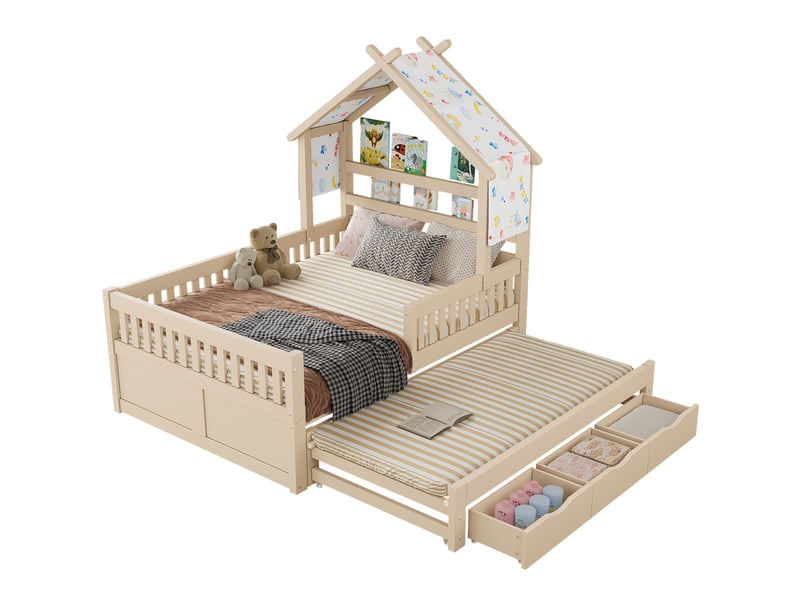Lit cabane 140 × 200 cm 2 places avec lit gigogne, 3 tiroirs et barrières, sans matelas, en bois, crème - Conforama A
