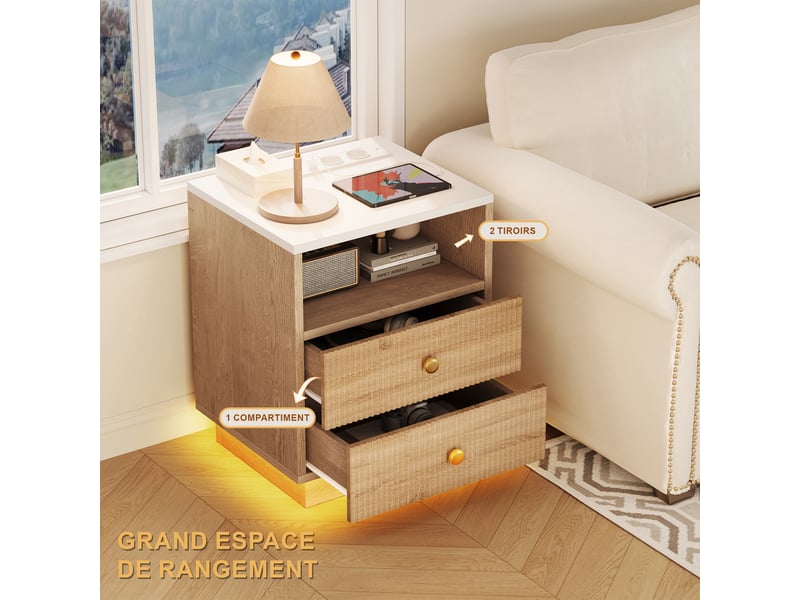  Lot de 2 tables de chevet chêne clair avec 2 tiroirs ondulés, led rgb et station de charge usb-c  - Conforama B