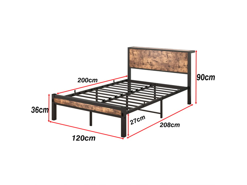  Lit simple 120 × 200 cm 1 place avec tête de lit à rangement, structure métal et mdf, sans matelas, brun antique  - Conforama D