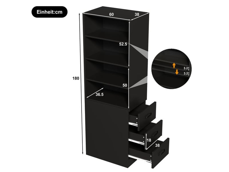  Bibliothèque extra étroite - 180 cm de hauteur - noir - panneau de particules - tiroirs latéraux intégrés noir - Conforama D