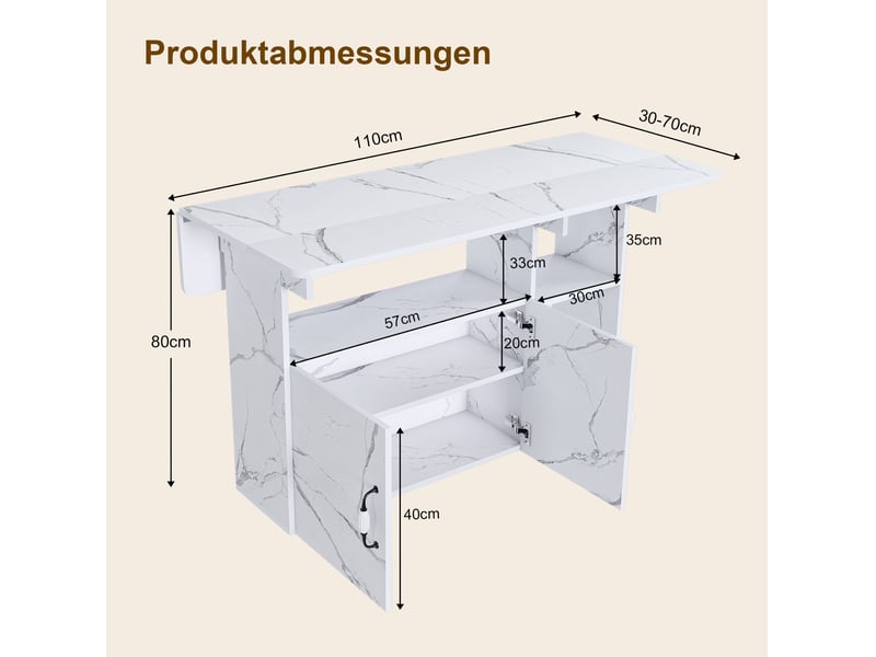  Table à manger pliante mobile 110x70x80 cm avec rangement mdf blanc effet marbre  - Conforama E
