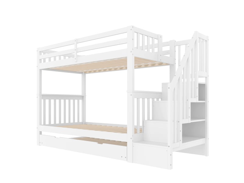  Lit superposé enfant 90x200 avec lit gigogne et escalier rangement homvra  - Conforama A