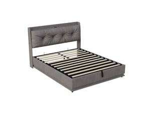 Lit 160x200cm - lit coffre 160x200cm - lit rembourré velours, tête de lit led, usb et sommier relevable avec rangement - gris
