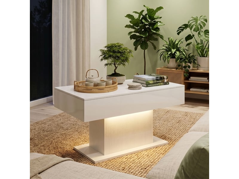  Table basse led blanche brillante - 2 tiroirs, télécommande, rangement - moderne  - Conforama D