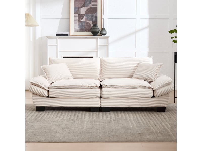 Canapé droit fixe 2 places 224x81x81 cm, canapé moderne en velours beige, assise profonde 56 cm, accoudoirs rembourrés, 2 coussins, structure en bois - Conforama E