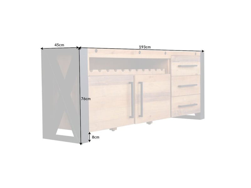  Buffet cavara 195 cm – pin massif brun vintage et métal noir – 2 portes, 3 tiroirs et range-bouteilles  - Conforama C