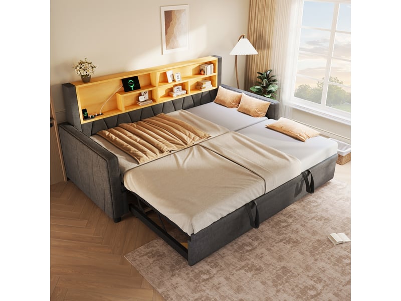  Lit banquette extensible 90 x 200 à 180 x 200 cm avec led multicolore et ports usbtype-c, sans matelas, lin et mdf - gris OMNIGLINT TRADING LTD - Conforama C