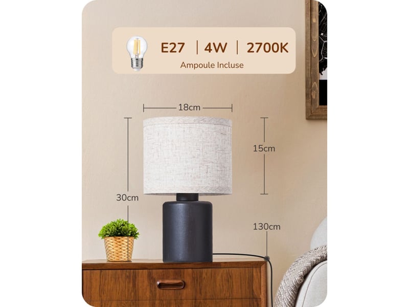  Lampe de table led 30 cm pied bois noir abat-jour lin beige ampoule e27 4w blanc chaud 2700k 370618_AADAA21761_6_DROPFR - Conforama C