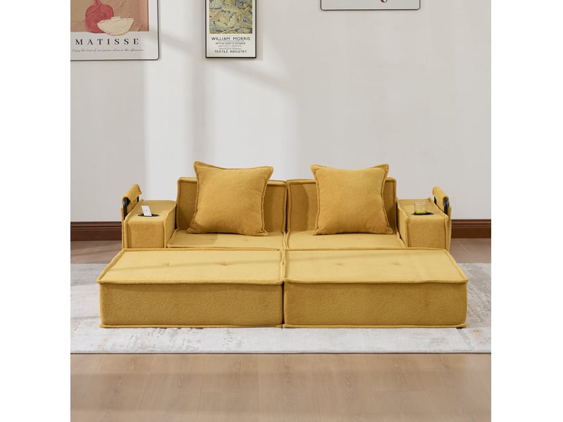  Canapé modulable 2 pl 162x78x66 cm, pour salon, confort, stockage, poches latérales, coussins, tissu en chenille, jaune moutarde  - Conforama B