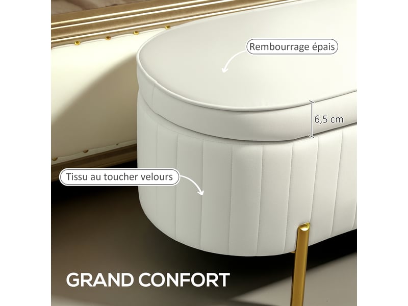  Banc de rangement en velours crème avec couvercle et pieds en métal capacité 72 l dimensions 108 x 44 x 43.5 cm  - Conforama E