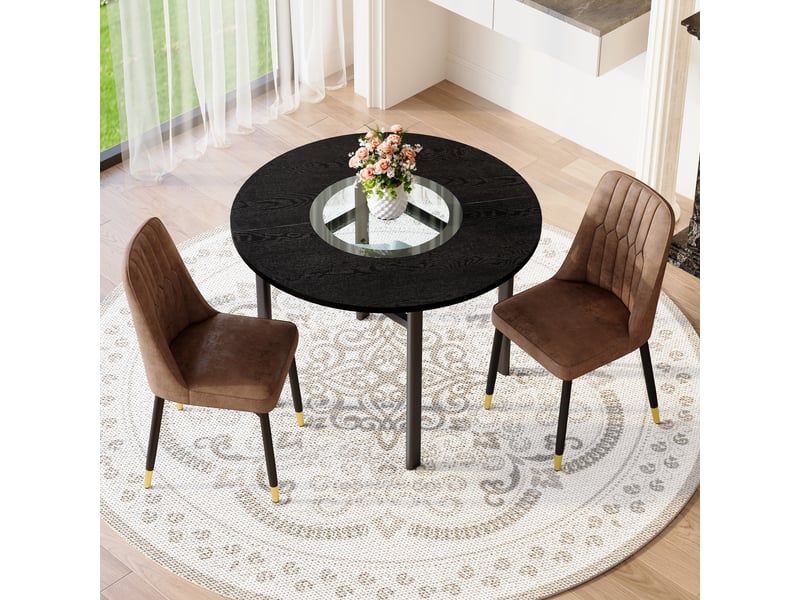  Ensemble table et chaises avec 1 table ronde et 2 chaises  - mdf, métal et tissu - marron et noir  - Conforama C