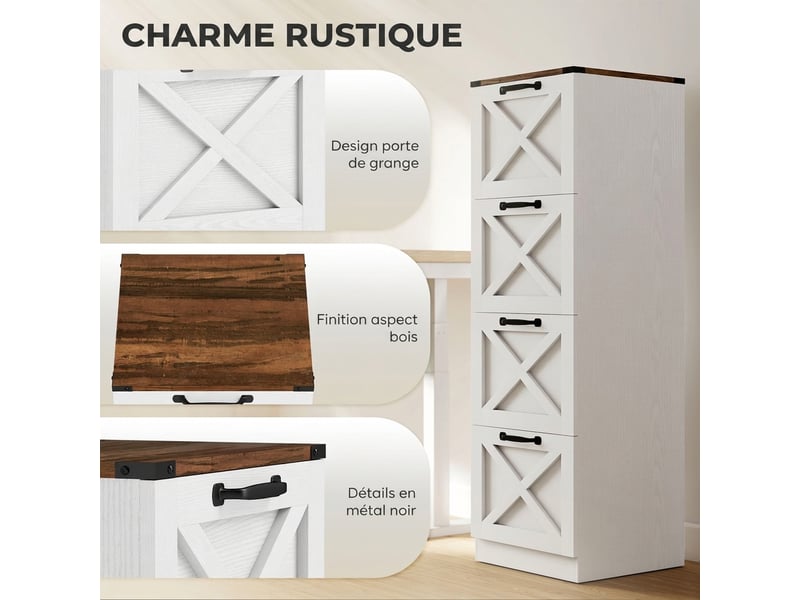  Caisson de bureau avec 4 tiroirs, dossiers suspendus pour formats lettrea4, 40x40x131cm, style rustique, blanc  - Conforama A