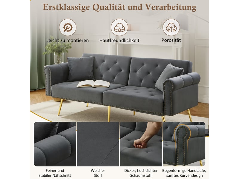  Canapé convertible, canapé-lit, 2 places, en velours, dossier inclinable 3 positions, design moderne, pieds en métal  - Conforama C