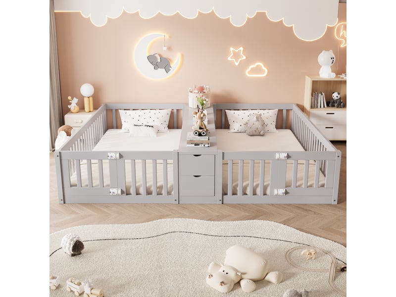  Lit enfant 90x200 cm - lit double jumeaux au sol 90x200 - avec barrières de sécurité, étagères centrales et tiroirs - bois de pin et mdf - gris  - Conforama D