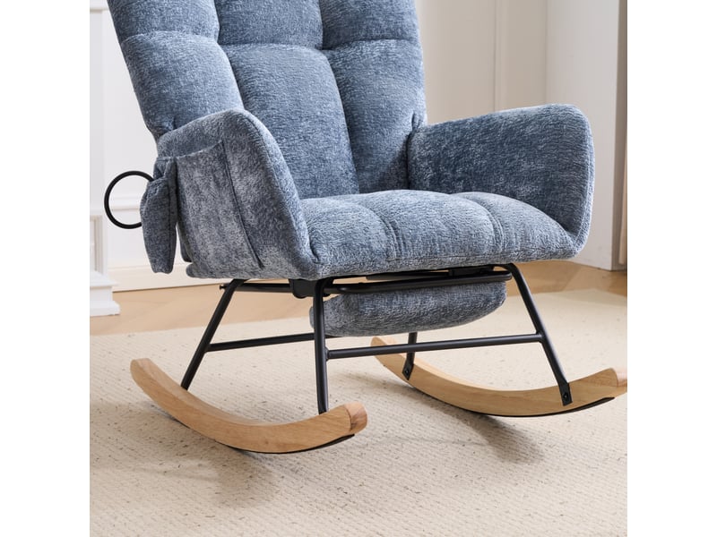 Fauteuil à bascule avec coussins gonflables réglables, repose-pieds et poche latérale en chenille bleu - Conforama C