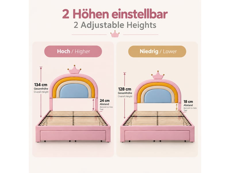  Lit enfant rembourré 140x200cm, tête de lit couronne arc-en-ciel réglable sur 2 hauteurs, tiroir au pied, charge max. 220kg, similicuir pu rose evarich - Conforama D