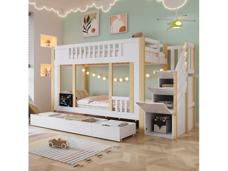  Lit superposé enfant 90x200 cm avec rangement, 3 tiroirs et tableau, bois et mdf blanc et naturel  - Conforama B
