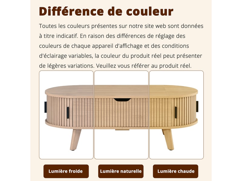 Table basse ovale 110 × 50 × 53,5 cm avec plateau relevable et rangement, naturel IKSETERA TRADING LTD - Conforama W