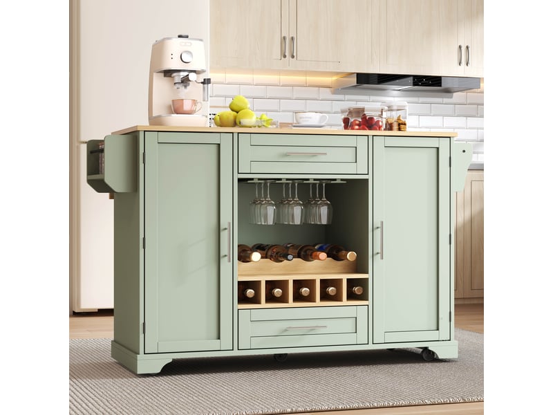  Desserte de cuisine à plateau rabattable - lpospi - 5 roulettes, range-bouteilles mdf vert antique 138 × 4570 × 92 cm  - Conforama C