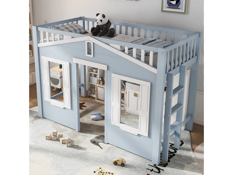  Lit mezzanine enfant 90x200cm en pin, mdf et contreplaqué blanc et bleu avec fenêtre et échelle  - Conforama C