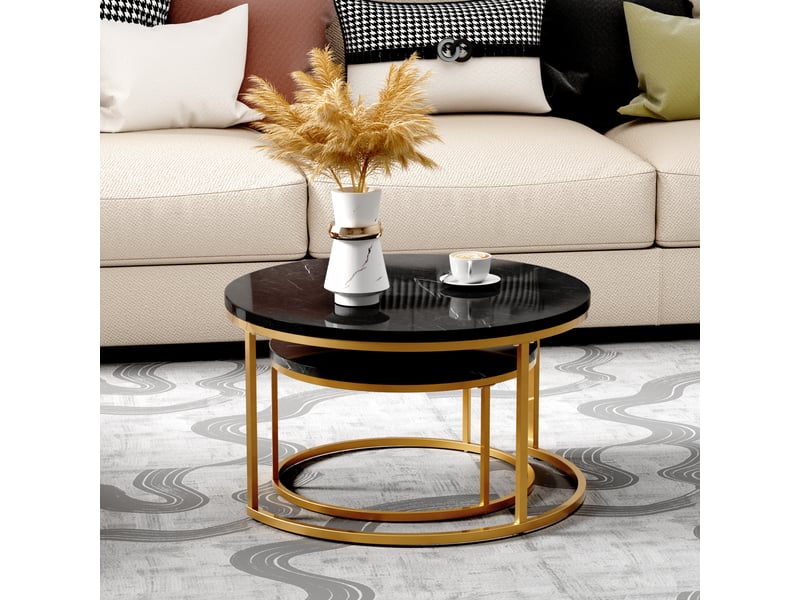  Ensemble de 2 table basse gigogne ronde 80x80x4560x60x33.5 cm, noir et dore  - Conforama E