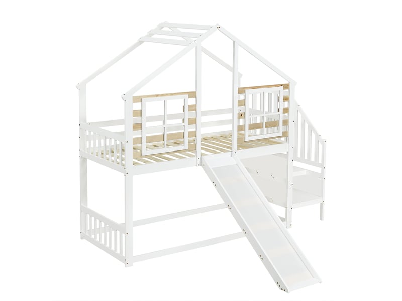  Lit superposé, lit en bois avec escalier et rambarde, avec toboggan et fenêtre, lit enfant cabane en rondins avec protection antichute, cadre de lit en bois massif, blanc (90x200 cm)  - Conforama E