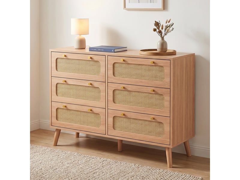  Commode 6 tiroirs, 100x34x73cm, meuble de rangement, façades en rotin, bois et métal, naturel  - Conforama B