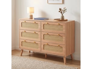 Commode 6 tiroirs, 100x34x73cm, meuble de rangement, façades en rotin, bois et métal, naturel