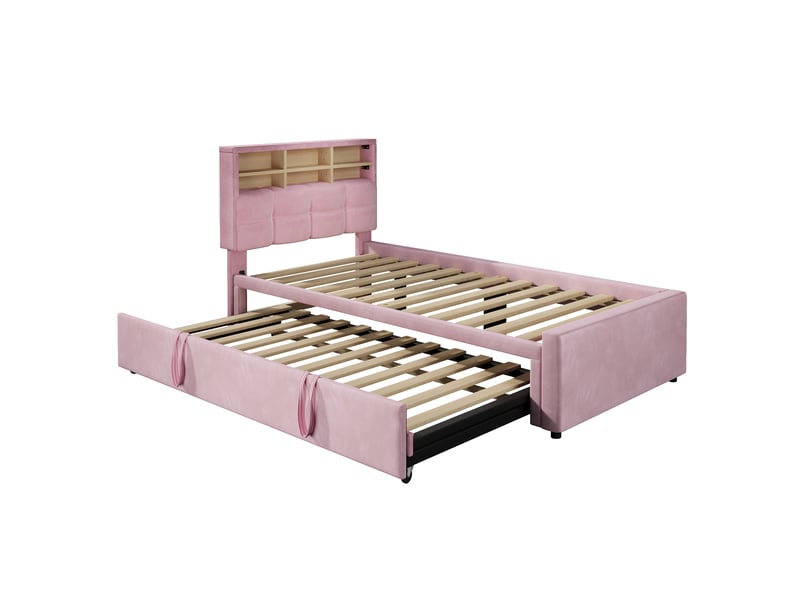  Lit de jour, 90 x 200 cm 180 x 200 cm, lit gigogne multifonctionnel, port de chargement usb type-c, compartiment de rangement ouvert, canapé-lit, lit une place, matelas non inclus, velours, rose  - Conforama D