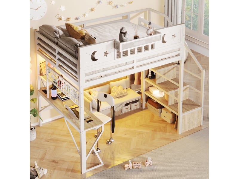  Lit mezzanine 140 x 200 cm sans matelas, structure métal, bureau, usb, led, panneau perforé, blanc pur  - Conforama E