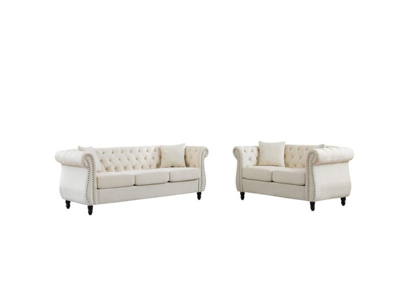  Canapé droit, pieds en bois d'hévéa façon bouteille, détails capitonnés et rivets argentés, 5 places, 76 x 73,6 x 203 cm + 76 x 73,6 x 148 cm, beige  - Conforama A