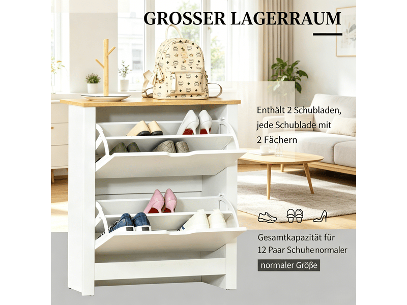  Meuble à chaussures,72x26x80 cm,2 portes rabattables,blanc et effet chêne  - Conforama D