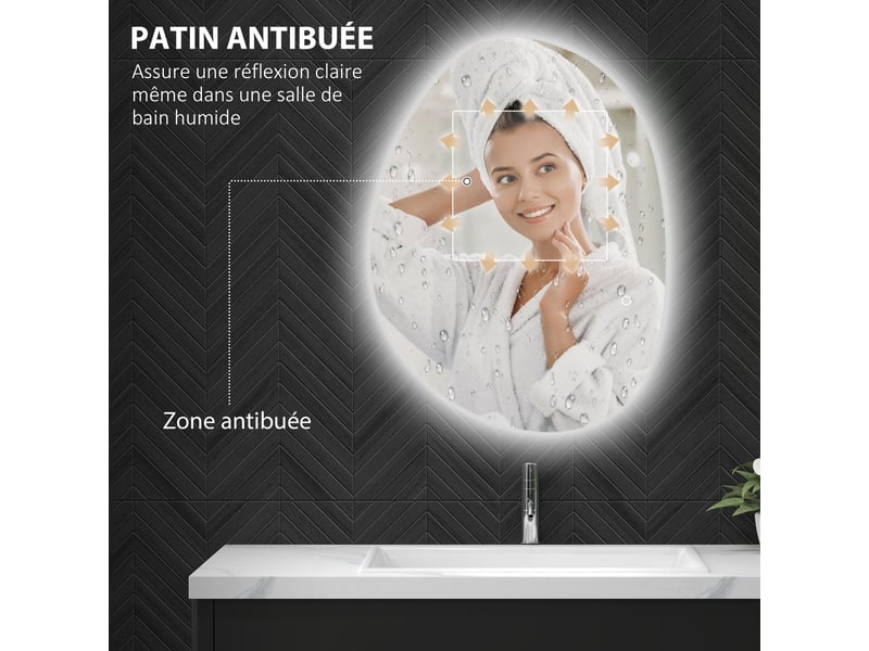  Miroir salle de bain led 80x60 cm mural antibuée mémoire ip44 argenté, compatible maison  - Conforama D
