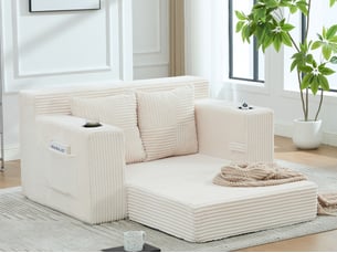 Canapé droit convertible 2 places, en velours côtelé, 2 coussins, porte-gobelet et poches latérales, 151 × 133 × 64 cm, beige