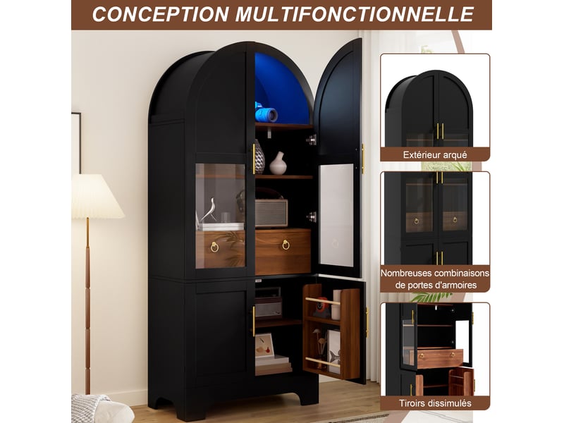  Buffet haut 76x40x180 cm avec 4 portes et 1 tiroir, led, en mdf et panneau de particules, coloris noir, design rétro  - Conforama E