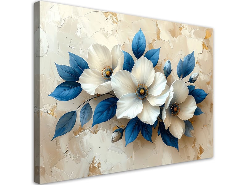  Tableaux, fleurs blanches à feuilles bleues 60x40 1334480607 - Conforama A