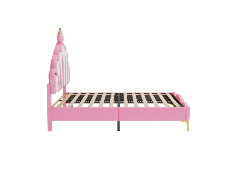 Lit princesse rose 140x200 cm en similicuir pu, tête couronne et led réglable  - Conforama D