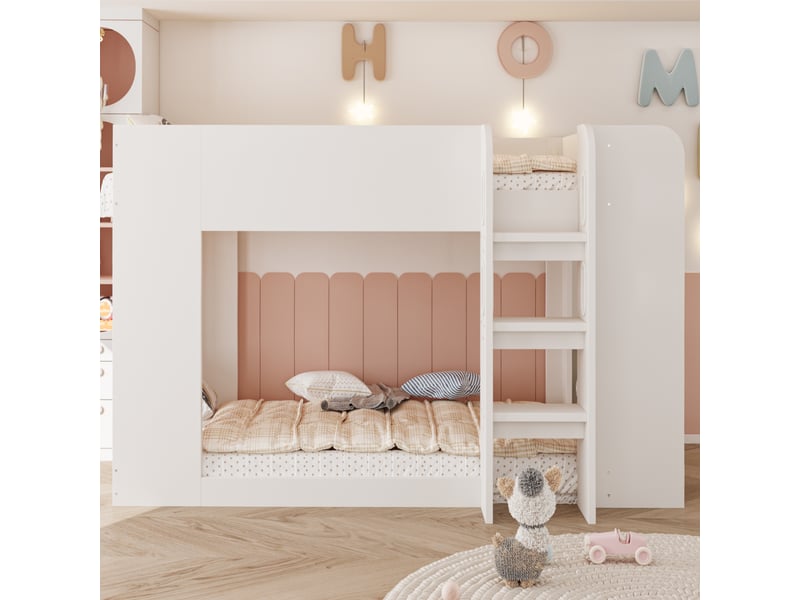  Lit superposé enfant 1 place 90×200 cm, barrières, échelle et étagères latérales - okmyhome- blanc, sans matelas  - Conforama C