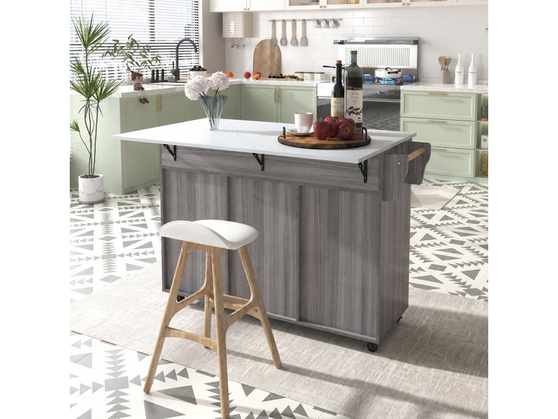  Îlot de cuisine mobile avec plateau de table rabattable, rangements et 5 roulettes, blanc et gris  - Conforama D