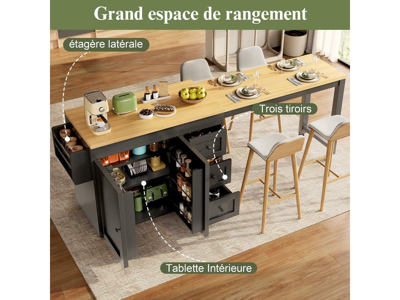 Îlot de cuisine extensible 116-179,5 x 45 x 89 cm, roulettes, 3 tiroirs, étagères latérales, mdf, noir - Conforama D