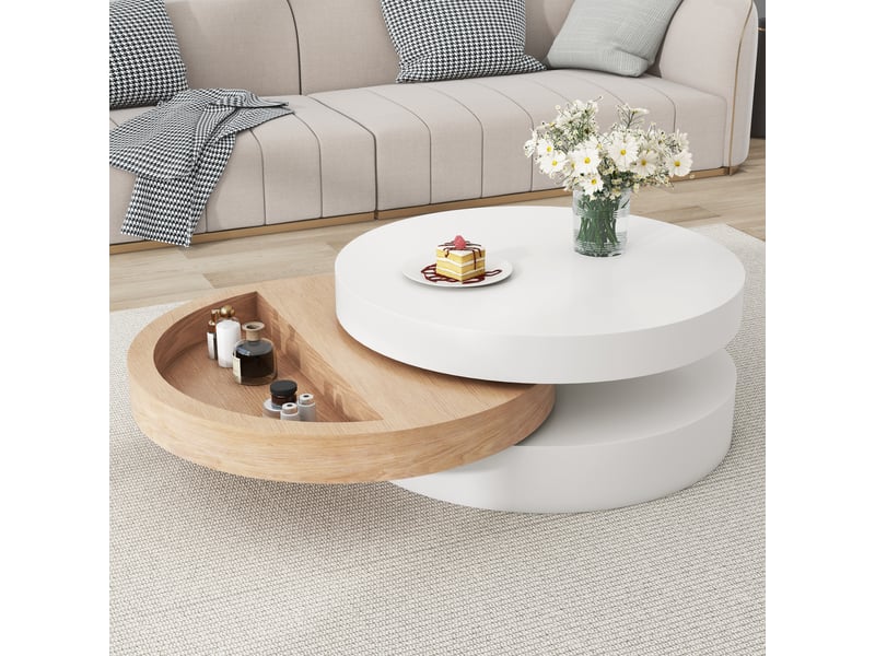  Table basse pivotante 360° table de salon ronde 3 niveaux avec rangement caché extensible 88 cm blanc et bois  - Conforama C