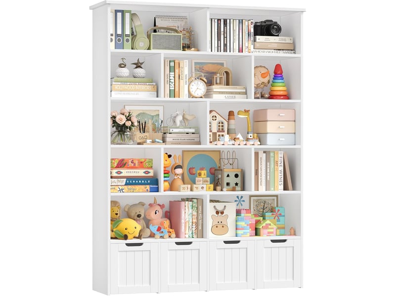 Meuble de rangement enfant bibliothèque enfant avec 13 étagères 4 tiroirs roulants rangement jouet 125.5x33x175cm blanc - Conforama A