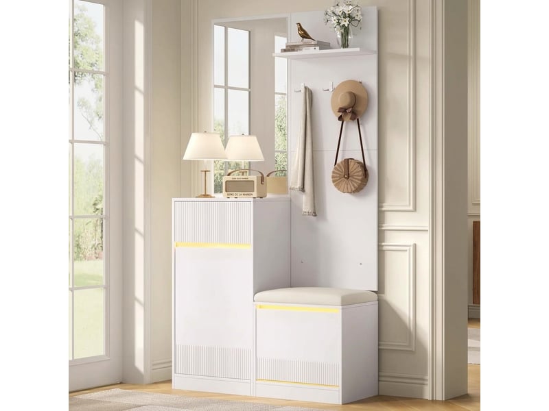  Vestiaire d'entrée avec miroir et banc led 105cm blanc  - Conforama C
