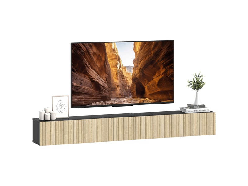  Meuble tv suspendu 2 portes rabattables bois naturel et noir 140 x 25 x 22 cm  - Conforama A