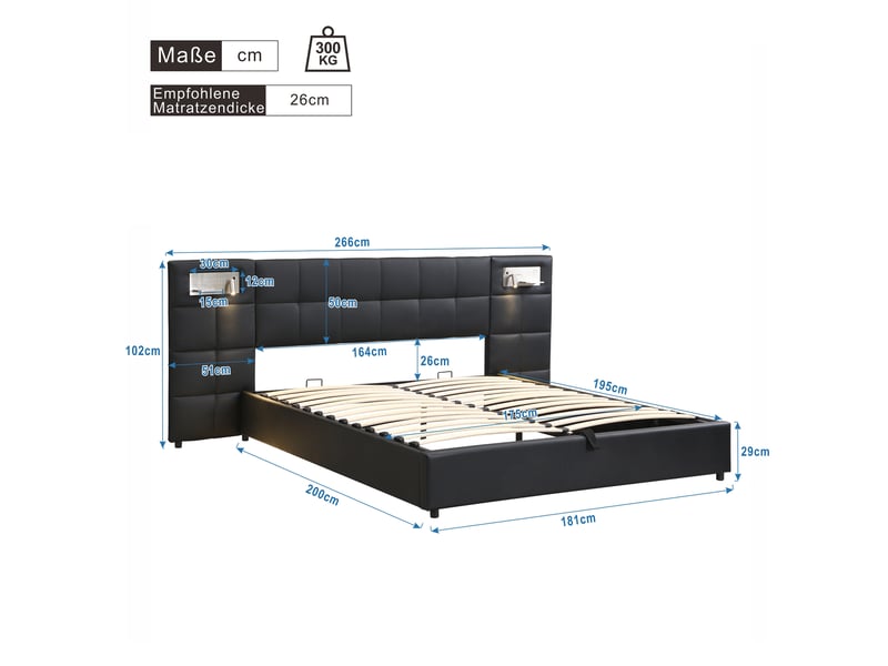  Lit coffre adulte 180x200 cm – noir – usb, recharge sans fil, éclairage et sommier inclus – sans matelas  - Conforama C