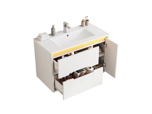 Meuble vasque salle de bain mural 81 cm – blanc – vasque céramique, led intégrée et rangements optimisés